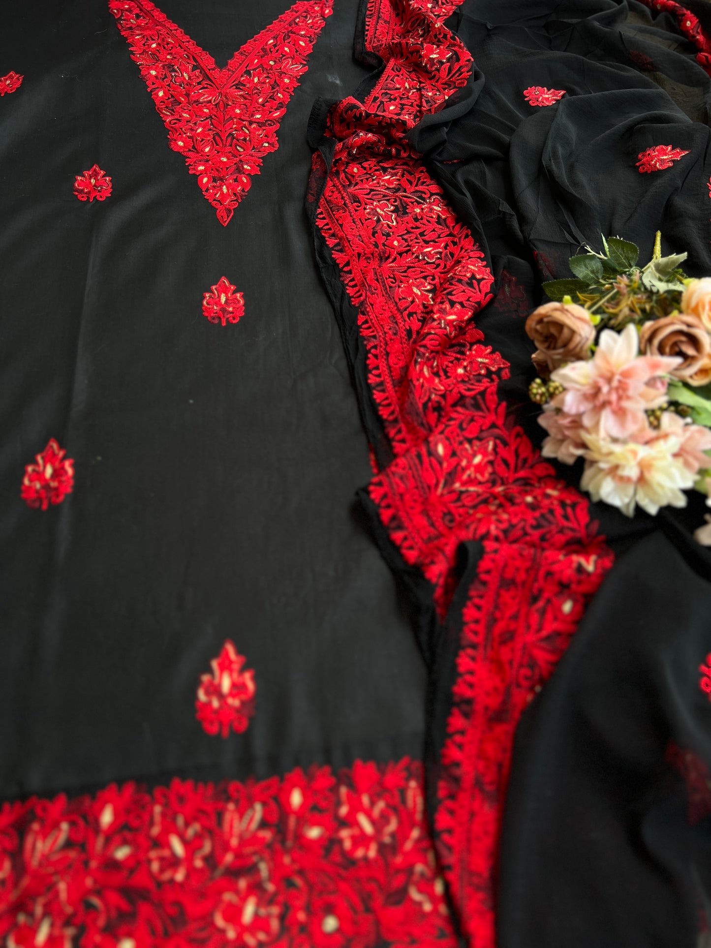 Midnight Black & Crimson Red Kashmiri Embroidered Modal Cotton Suit Set