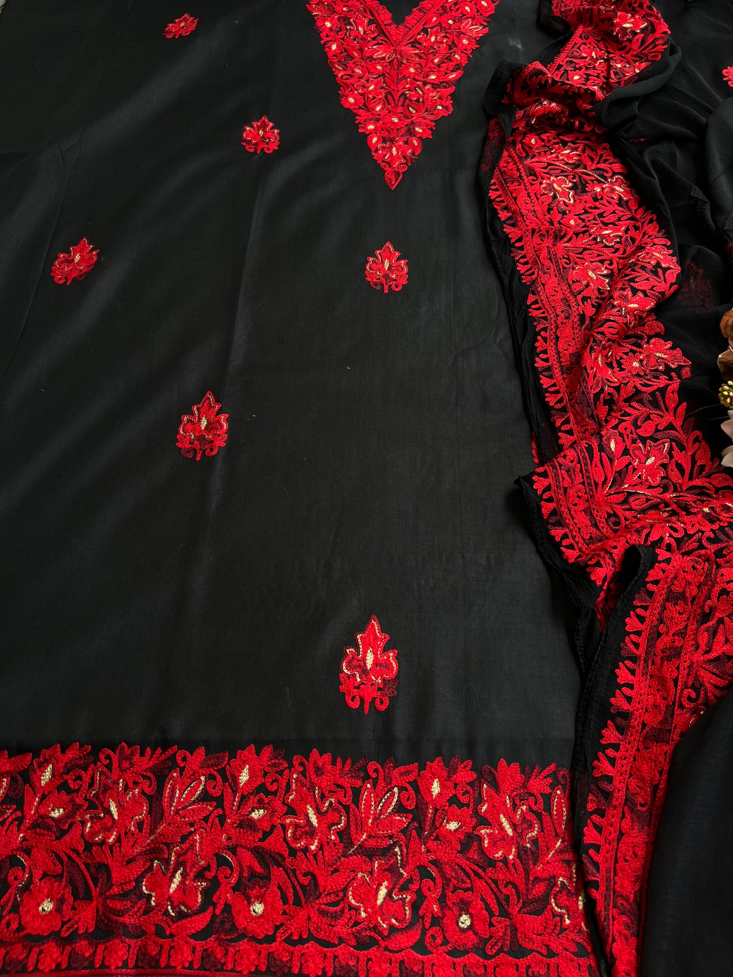 Midnight Black & Crimson Red Kashmiri Embroidered Modal Cotton Suit Set