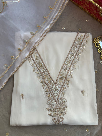 Ivory Russian Crepe Suit with Handwork & Gota Jaal Dupatta