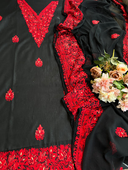 Midnight Black & Crimson Red Kashmiri Embroidered Modal Cotton Suit Set