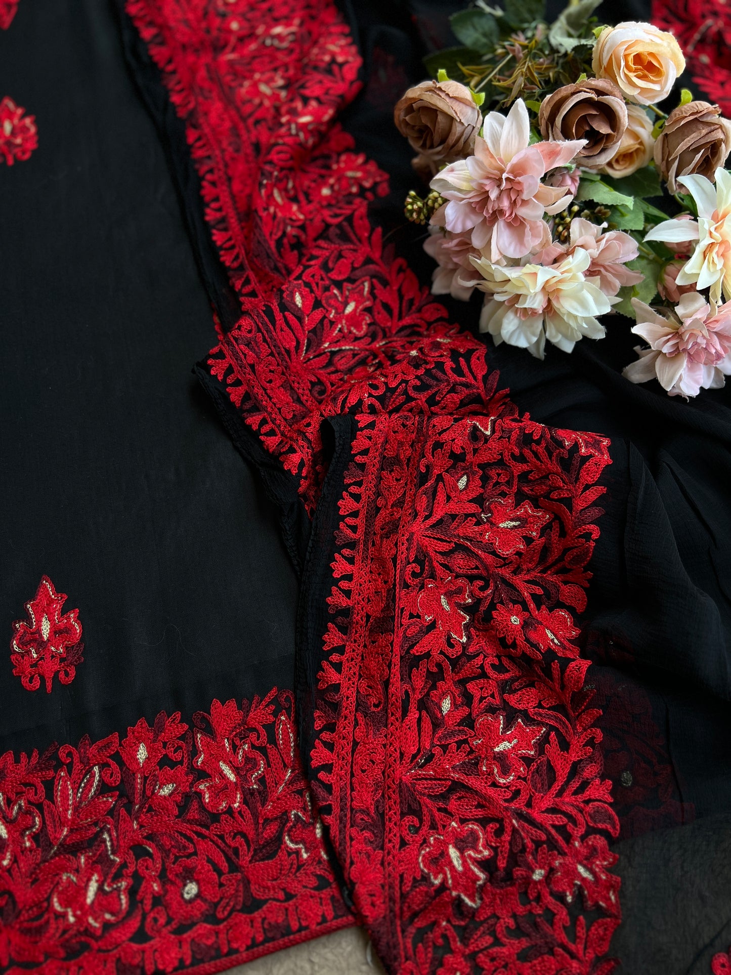 Midnight Black & Crimson Red Kashmiri Embroidered Modal Cotton Suit Set