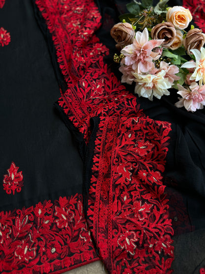 Midnight Black & Crimson Red Kashmiri Embroidered Modal Cotton Suit Set