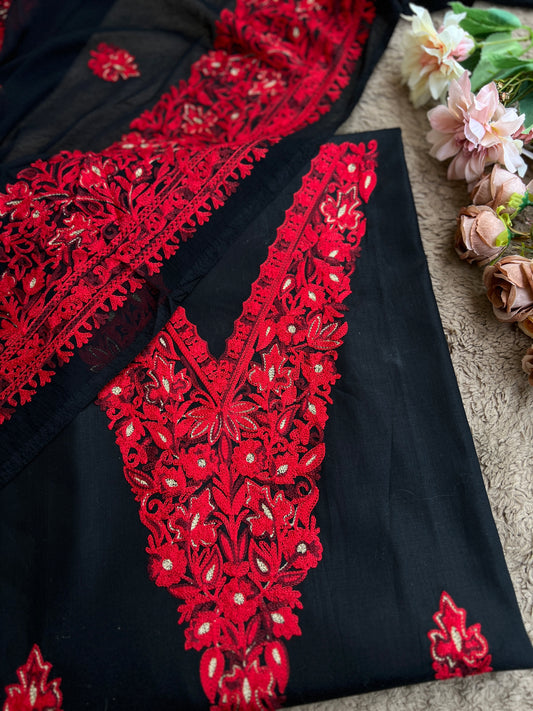 Midnight Black & Crimson Red Kashmiri Embroidered Modal Cotton Suit Set