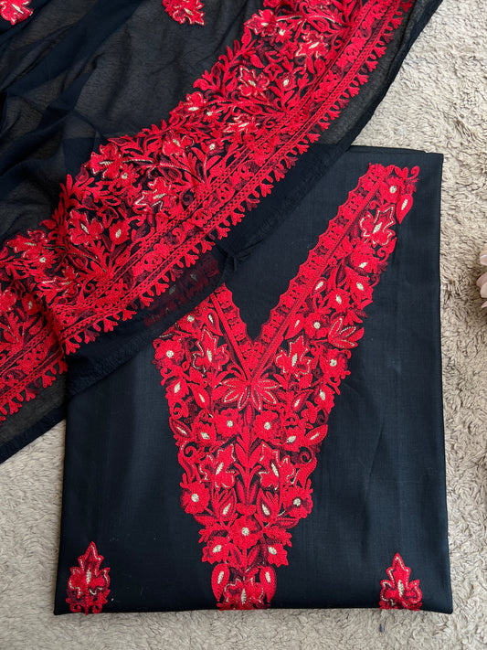 Midnight Black & Crimson Red Kashmiri Embroidered Modal Cotton Suit Set