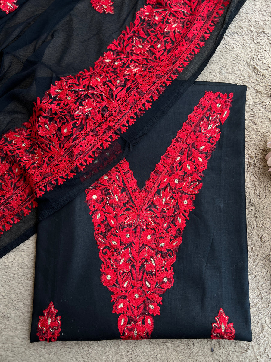 Midnight Black & Crimson Red Kashmiri Embroidered Modal Cotton Suit Set