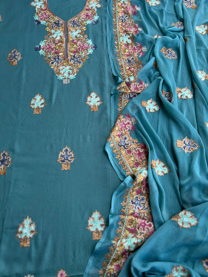 Peacock Teal All-Season Kashmiri Embroidered Modal Cotton Suit Set