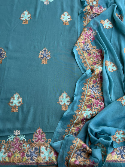 Peacock Teal All-Season Kashmiri Embroidered Modal Cotton Suit Set