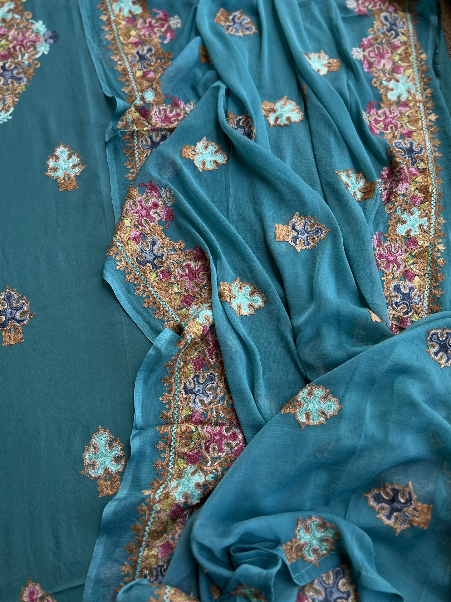 Peacock Teal All-Season Kashmiri Embroidered Modal Cotton Suit Set