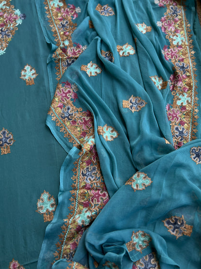 Peacock Teal All-Season Kashmiri Embroidered Modal Cotton Suit Set