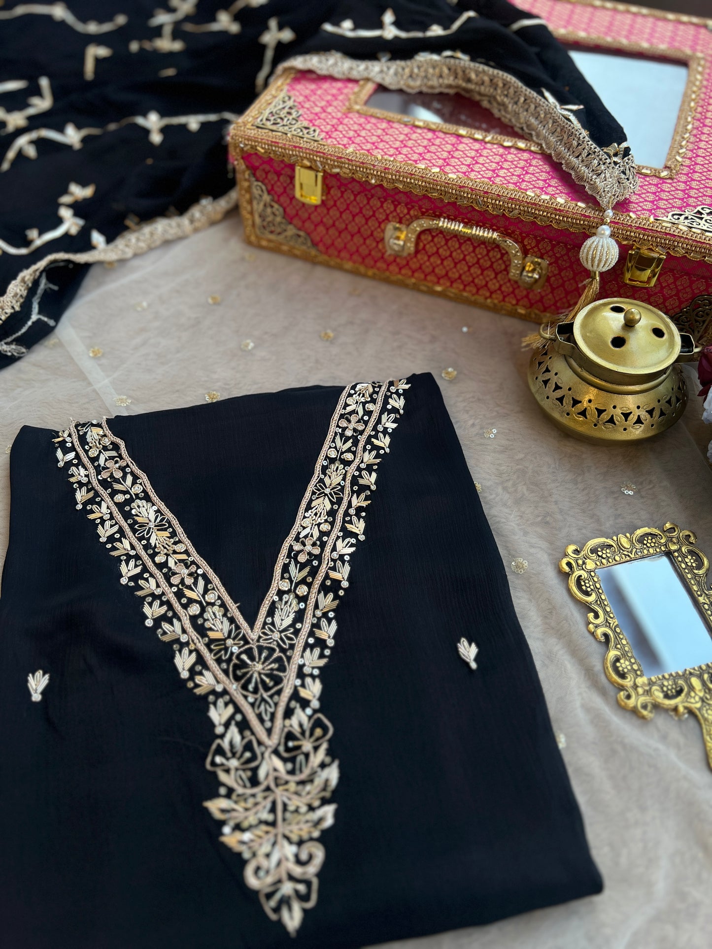 Black Chinnon Handwork & Gota Jaal Dupatta