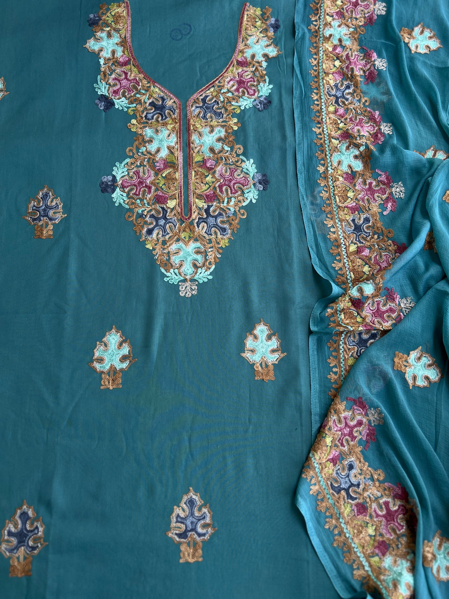 Peacock Teal All-Season Kashmiri Embroidered Modal Cotton Suit Set