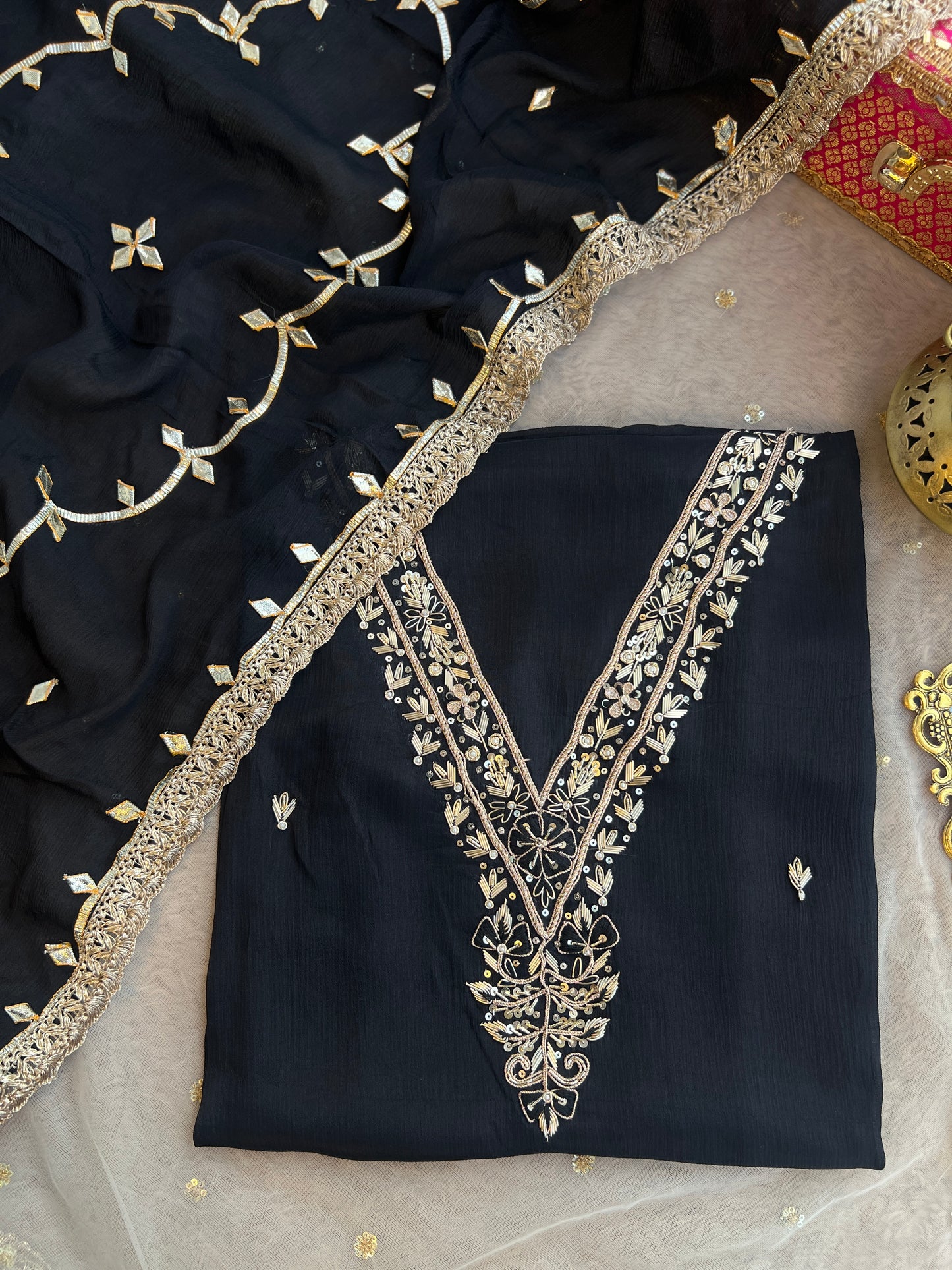 Black Chinnon Handwork & Gota Jaal Dupatta