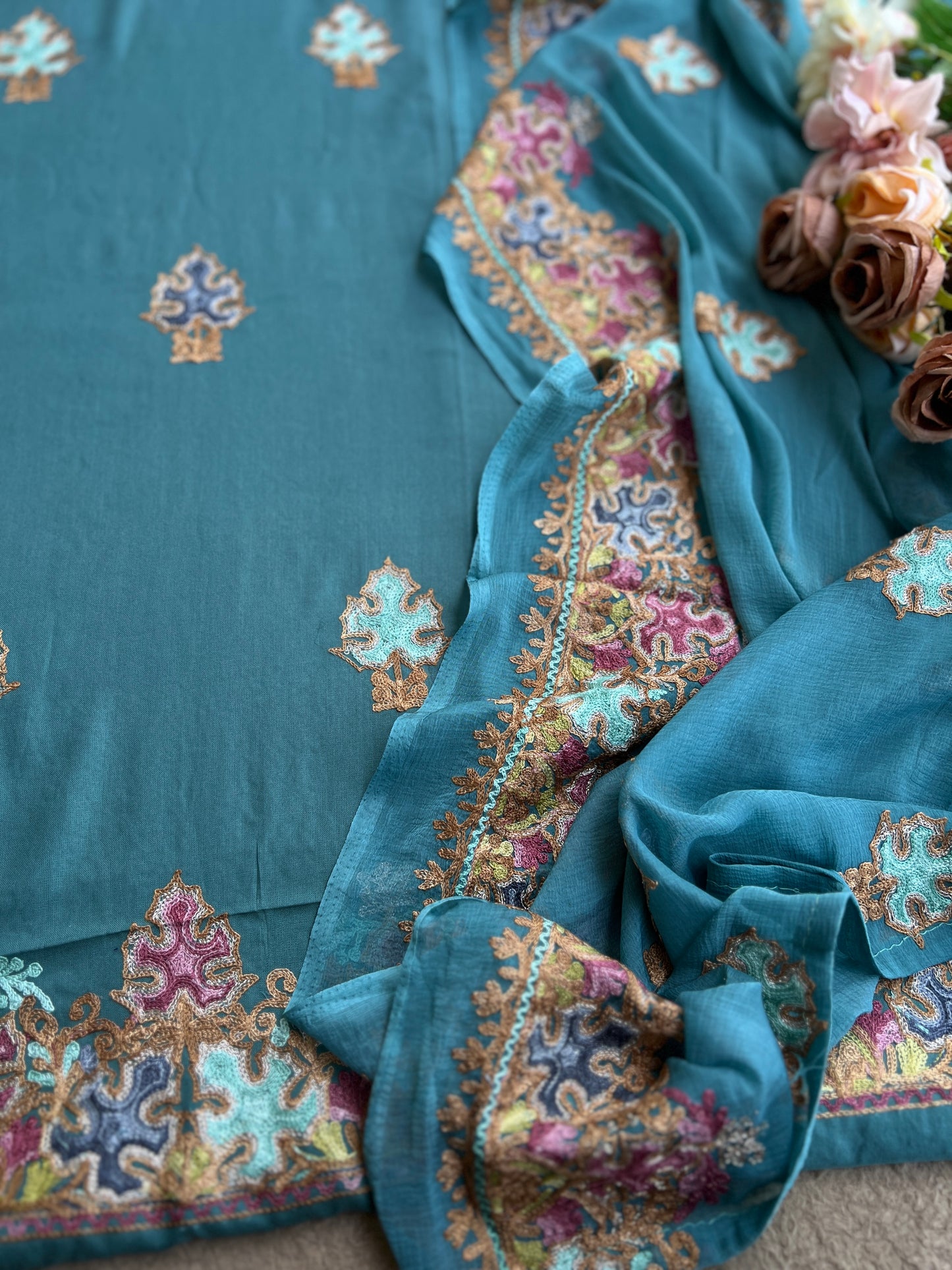 Peacock Teal All-Season Kashmiri Embroidered Modal Cotton Suit Set