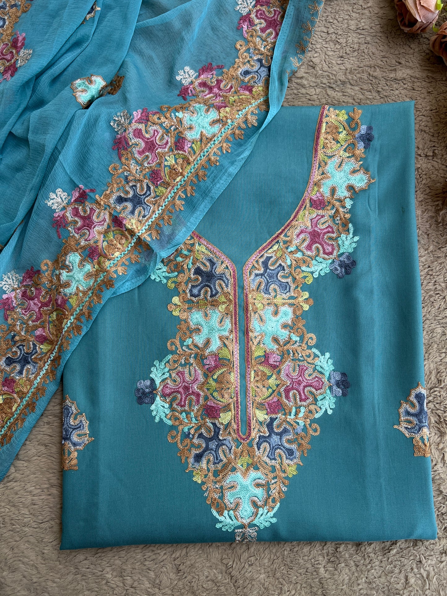 Peacock Teal All-Season Kashmiri Embroidered Modal Cotton Suit Set
