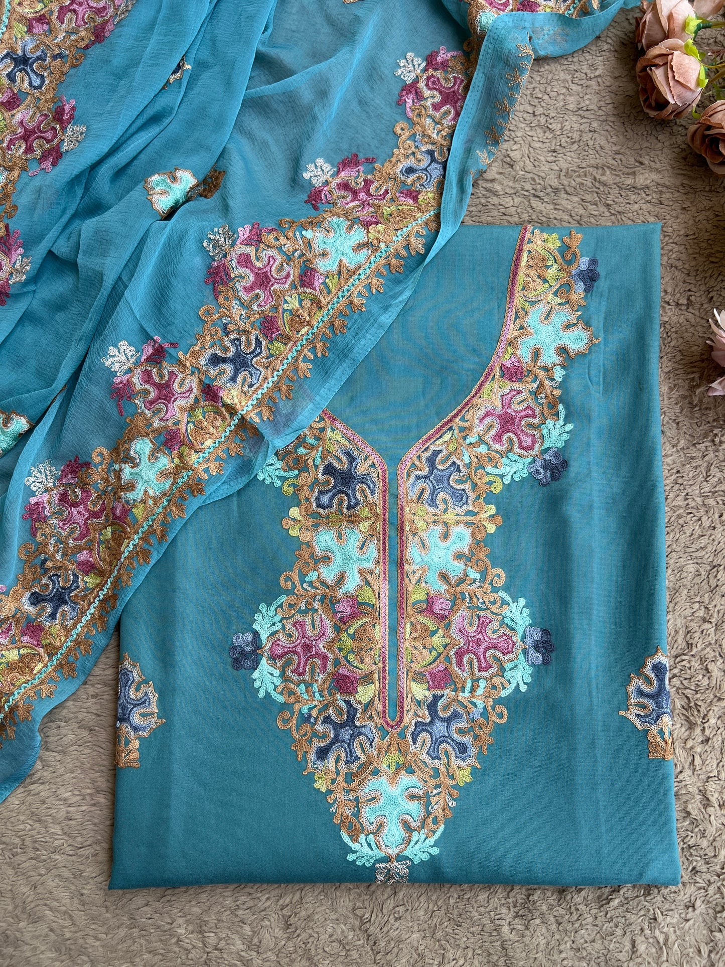 Peacock Teal All-Season Kashmiri Embroidered Modal Cotton Suit Set