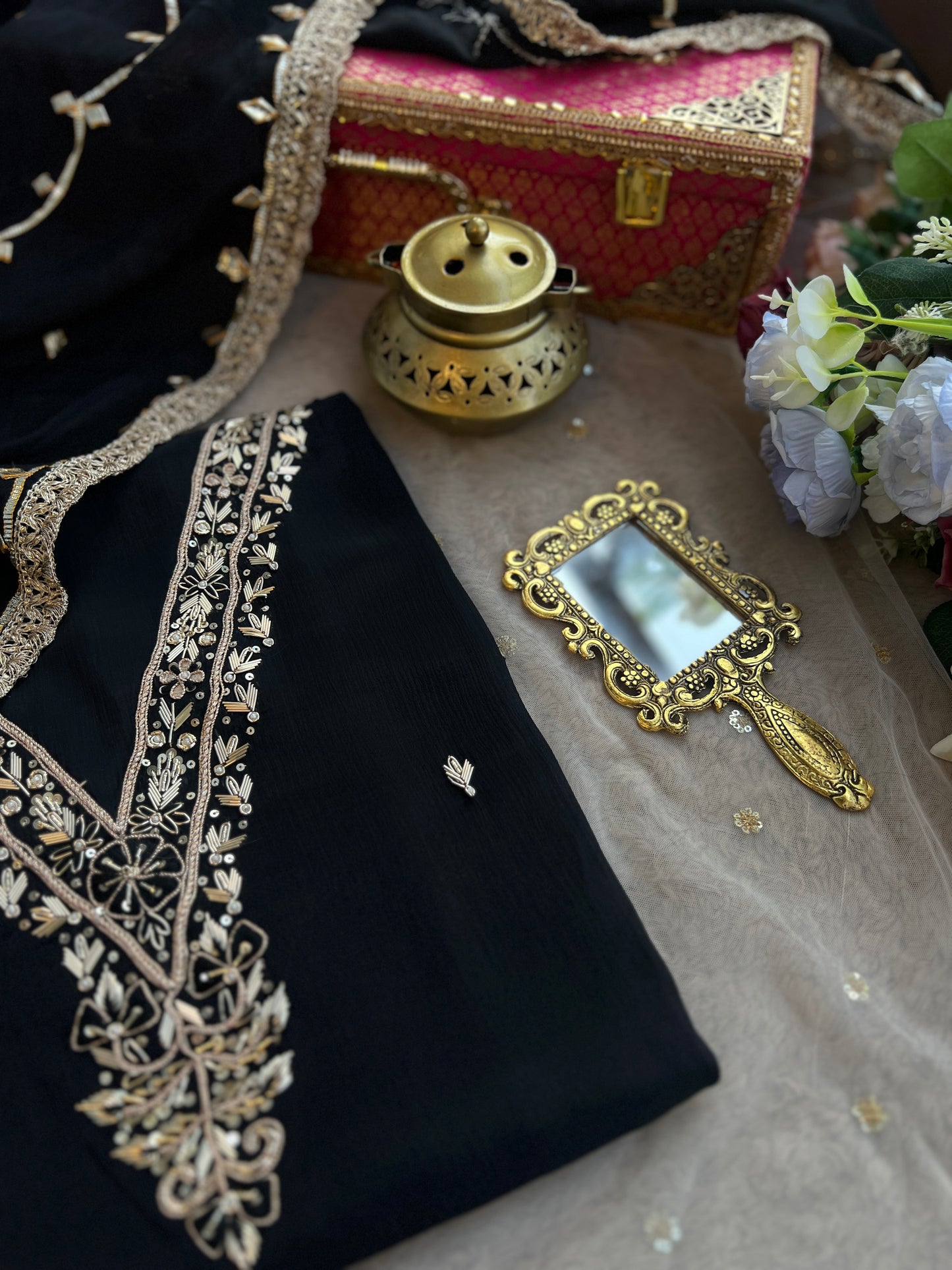 Black Chinnon Handwork & Gota Jaal Dupatta