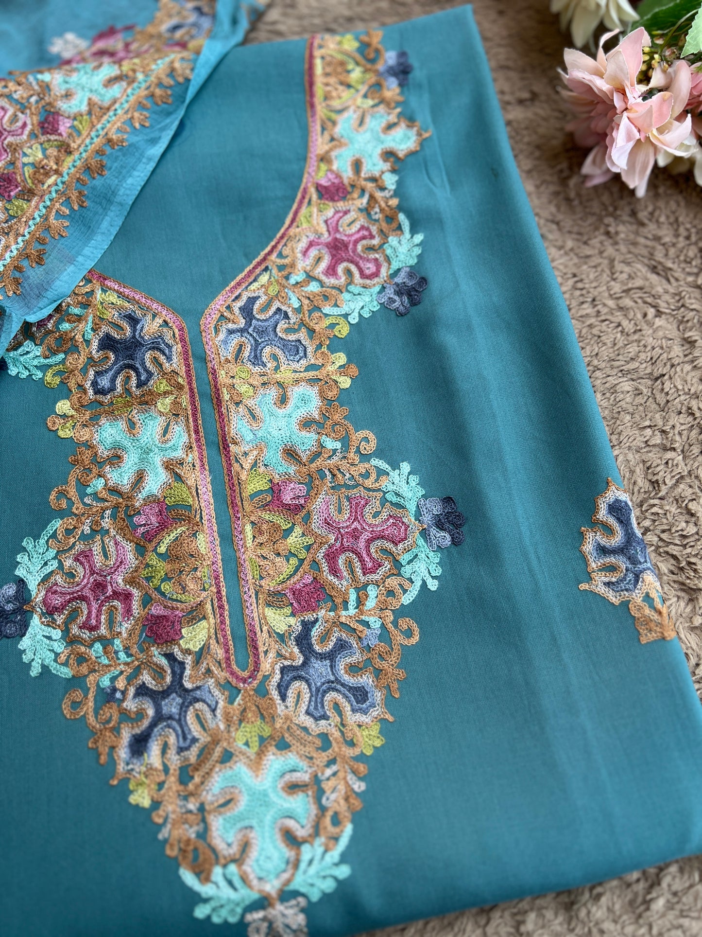 Peacock Teal All-Season Kashmiri Embroidered Modal Cotton Suit Set