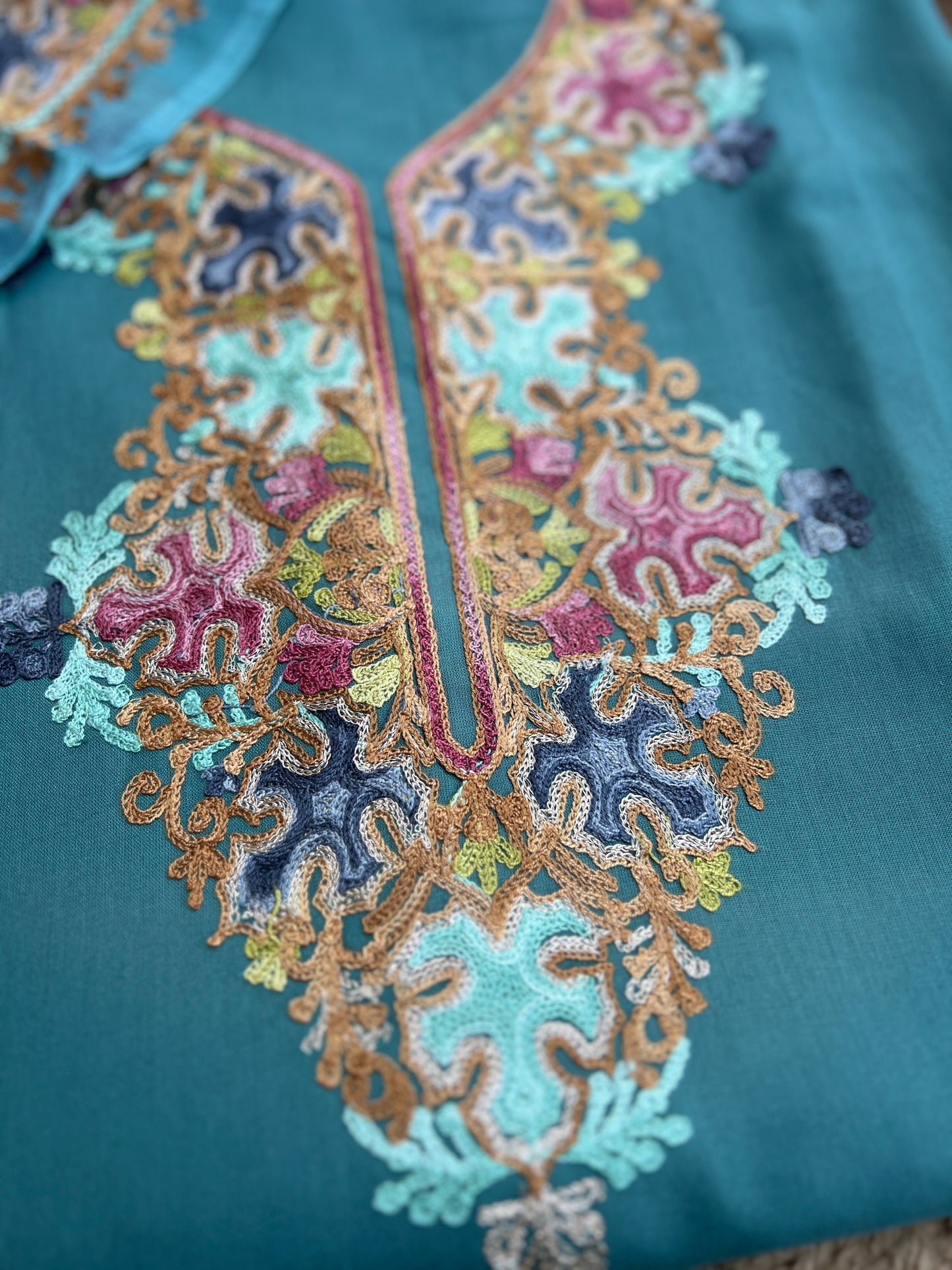 Peacock Teal All-Season Kashmiri Embroidered Modal Cotton Suit Set