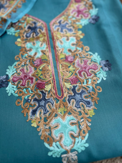 Peacock Teal All-Season Kashmiri Embroidered Modal Cotton Suit Set