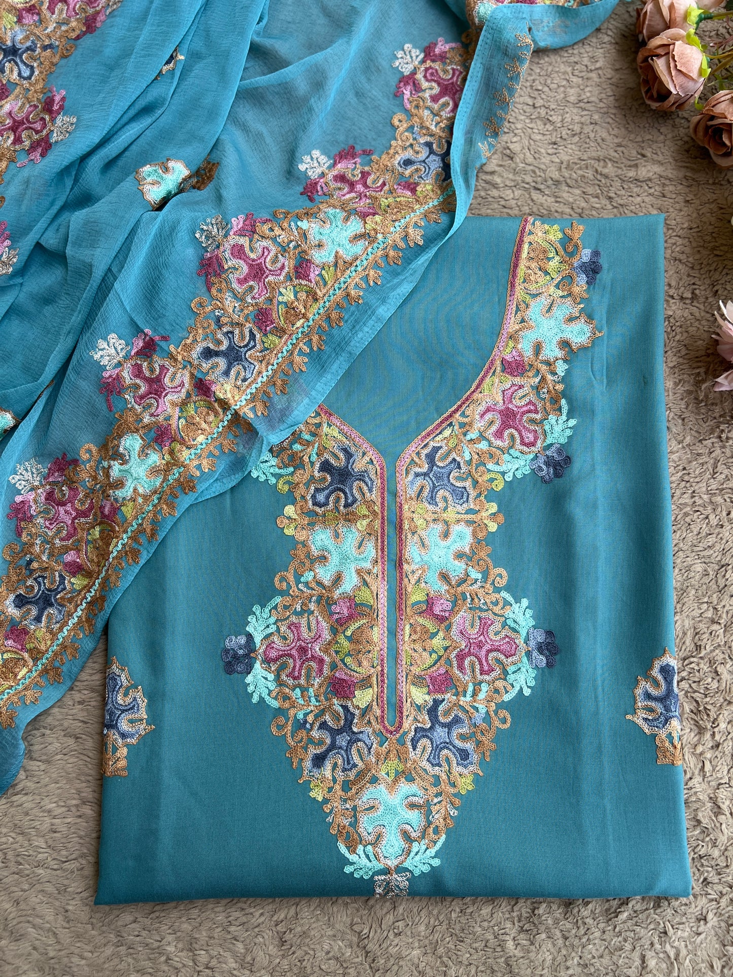 Peacock Teal All-Season Kashmiri Embroidered Modal Cotton Suit Set