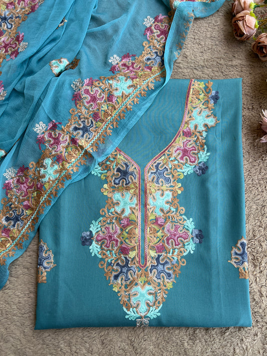 Peacock Teal All-Season Kashmiri Embroidered Modal Cotton Suit Set