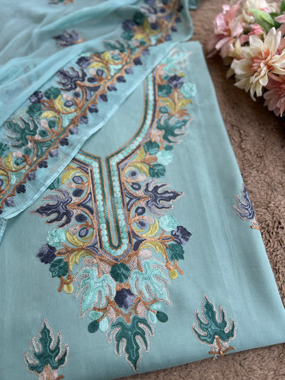 Peacock Teal All-Season Kashmiri Embroidered Suit Set