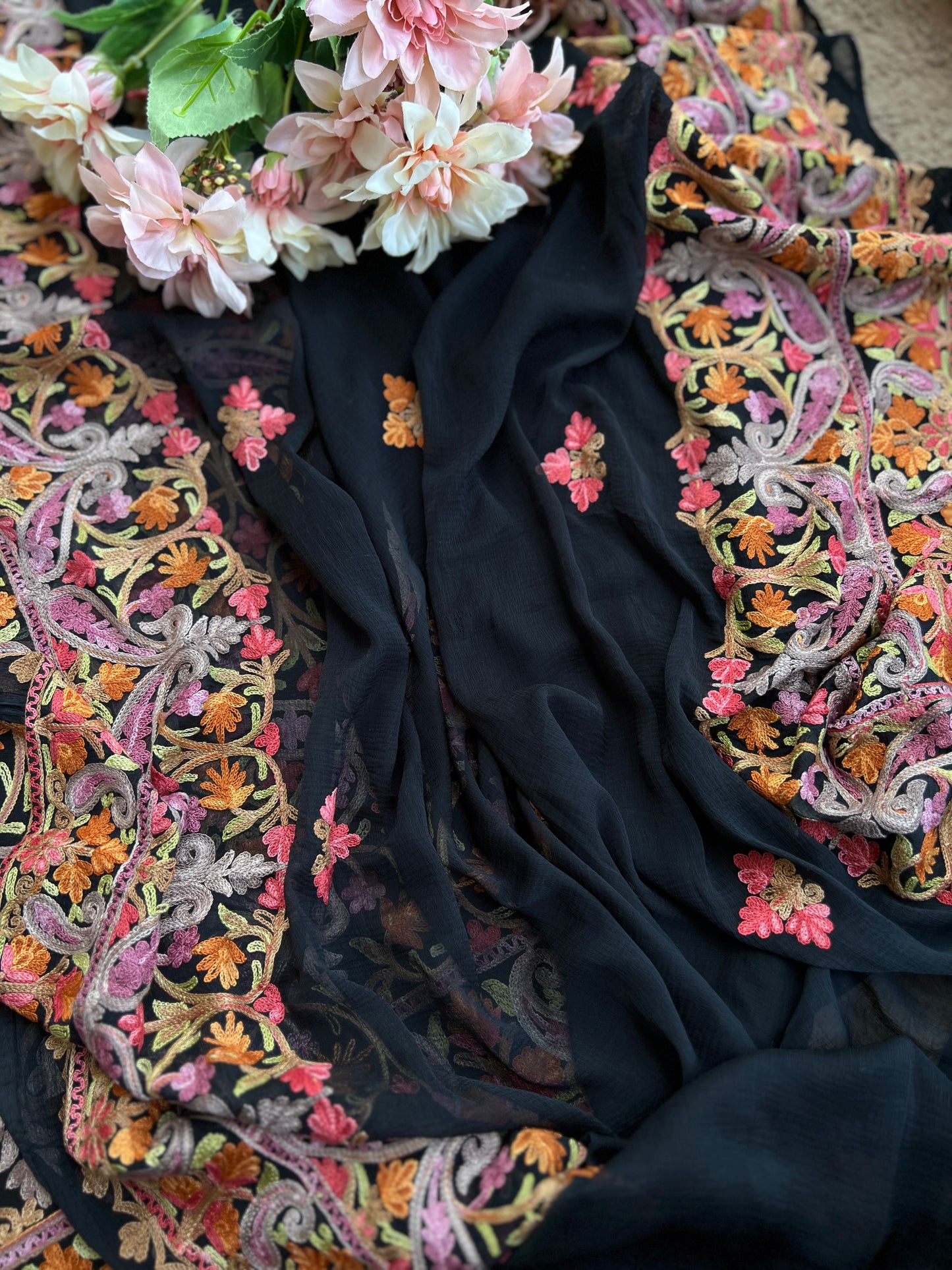 Midnight Black All-Season Kashmiri Embroidered Modal Cotton Suit Set