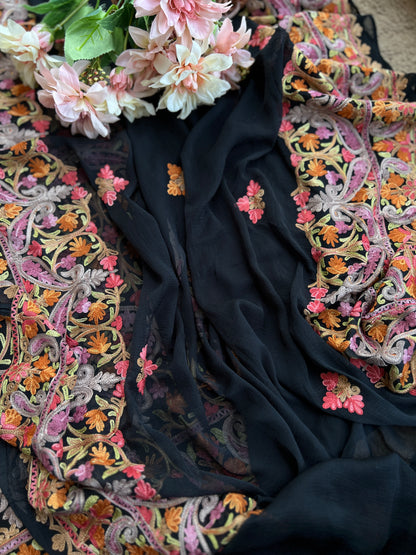 Midnight Black All-Season Kashmiri Embroidered Modal Cotton Suit Set