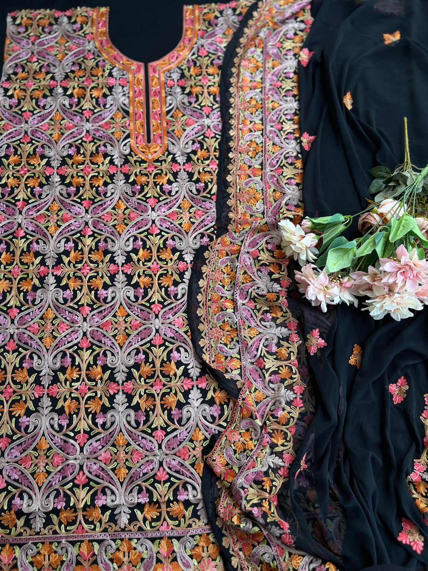Midnight Black All-Season Kashmiri Embroidered Modal Cotton Suit Set