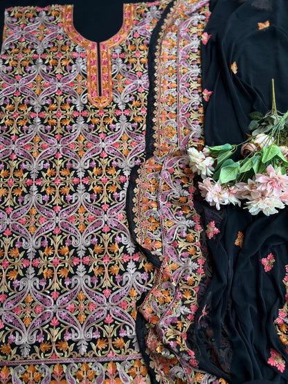 Midnight Black All-Season Kashmiri Embroidered Modal Cotton Suit Set