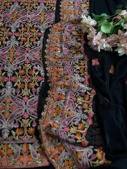 Midnight Black All-Season Kashmiri Embroidered Modal Cotton Suit Set