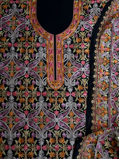 Midnight Black All-Season Kashmiri Embroidered Modal Cotton Suit Set