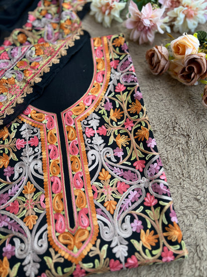 Midnight Black All-Season Kashmiri Embroidered Modal Cotton Suit Set