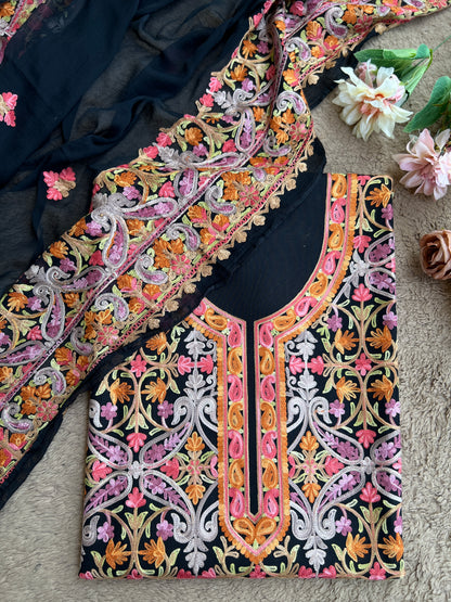 Midnight Black All-Season Kashmiri Embroidered Modal Cotton Suit Set