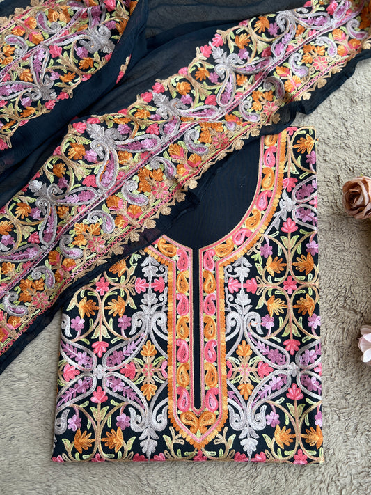 Midnight Black All-Season Kashmiri Embroidered Modal Cotton Suit Set
