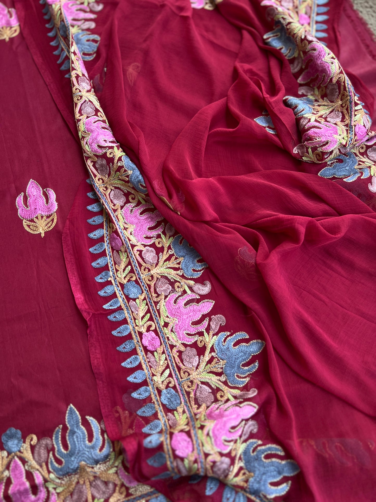 Wine Berry All-Season Kashmiri Embroidered Modal Cotton Suit SetPp