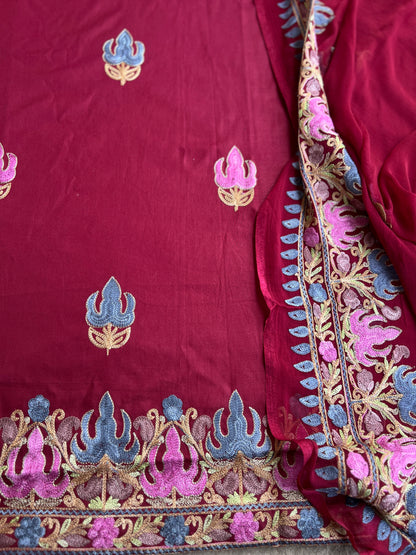 Wine Berry All-Season Kashmiri Embroidered Modal Cotton Suit SetPp