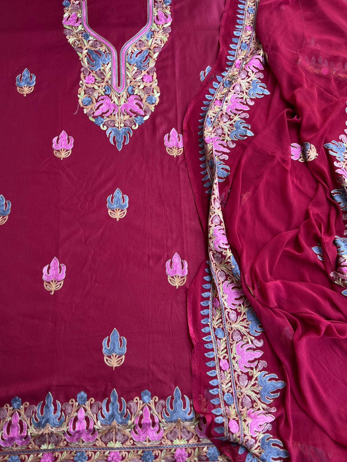 Wine Berry All-Season Kashmiri Embroidered Modal Cotton Suit SetPp