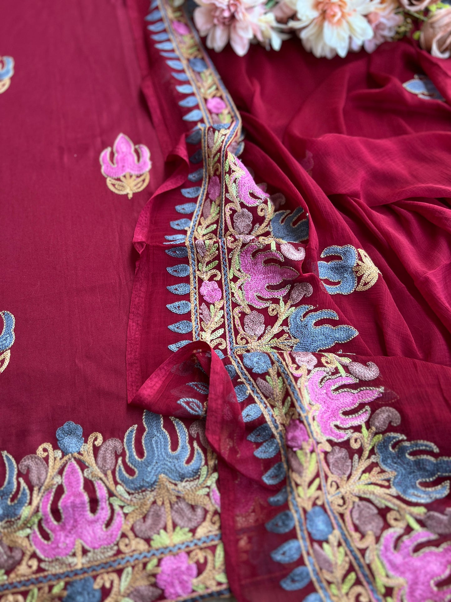 Wine Berry All-Season Kashmiri Embroidered Modal Cotton Suit SetPp