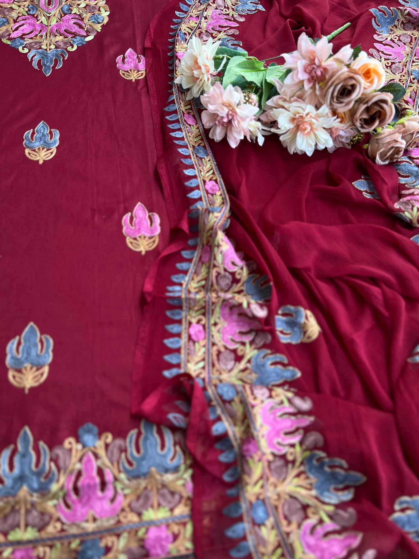 Wine Berry All-Season Kashmiri Embroidered Modal Cotton Suit SetPp