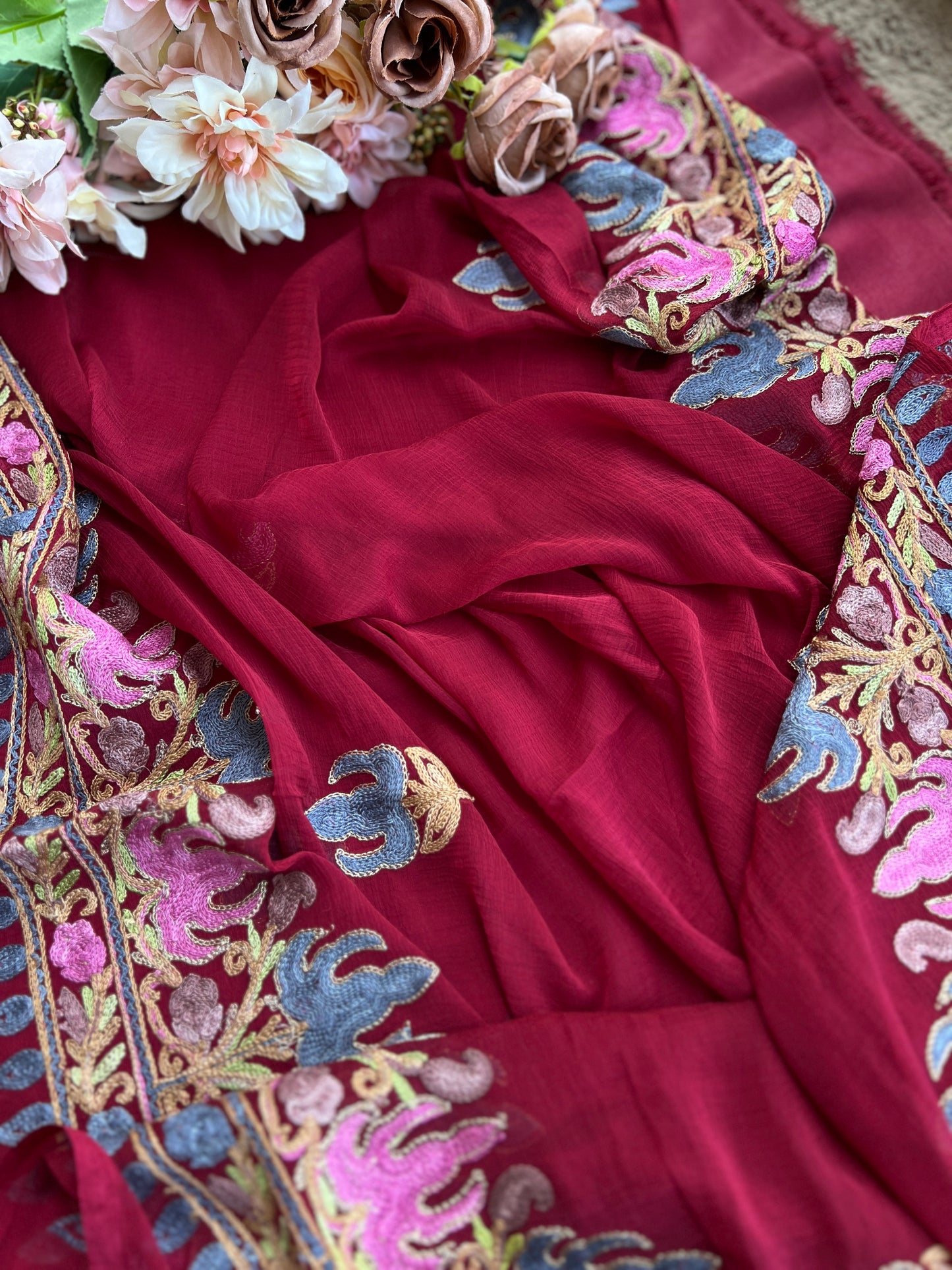 Wine Berry All-Season Kashmiri Embroidered Modal Cotton Suit SetPp