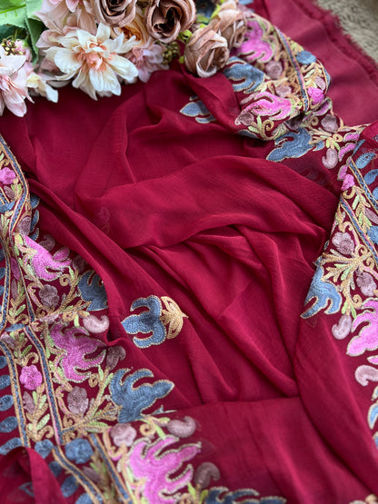 Wine Berry All-Season Kashmiri Embroidered Modal Cotton Suit SetPp