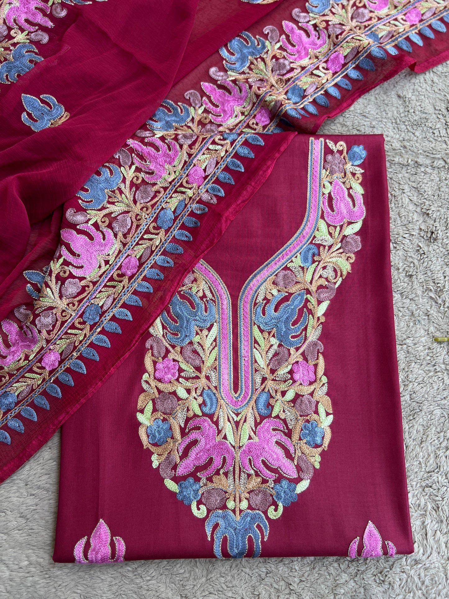 Wine Berry All-Season Kashmiri Embroidered Modal Cotton Suit SetPp
