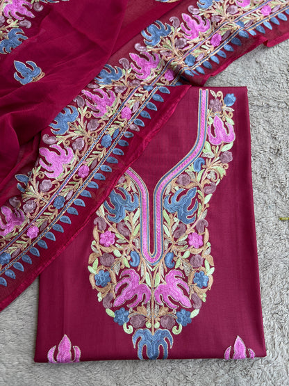 Wine Berry All-Season Kashmiri Embroidered Modal Cotton Suit SetPp