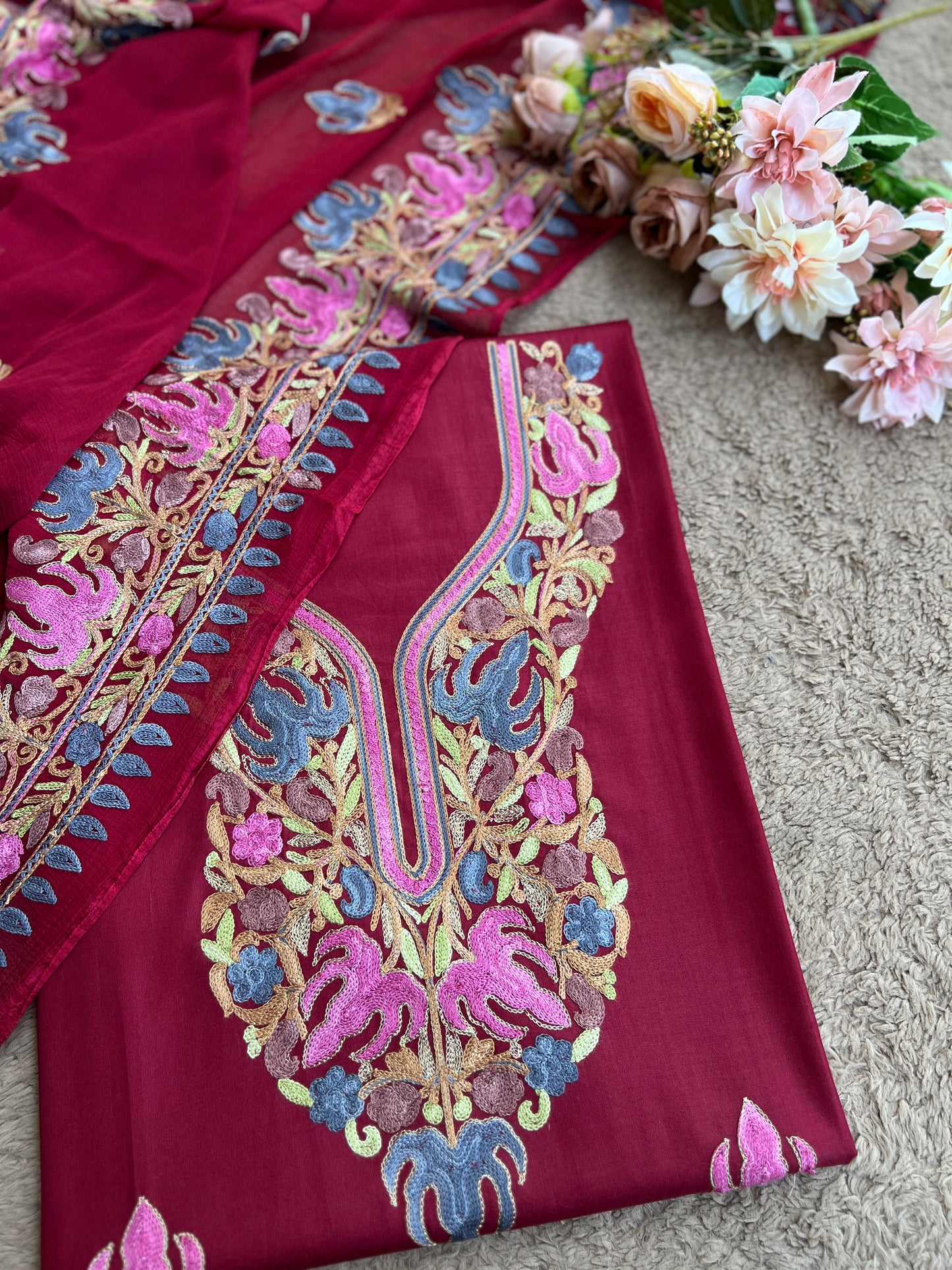 Wine Berry All-Season Kashmiri Embroidered Modal Cotton Suit SetPp