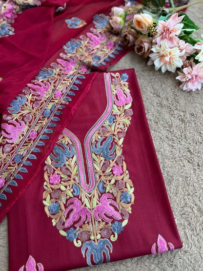 Wine Berry All-Season Kashmiri Embroidered Modal Cotton Suit SetPp