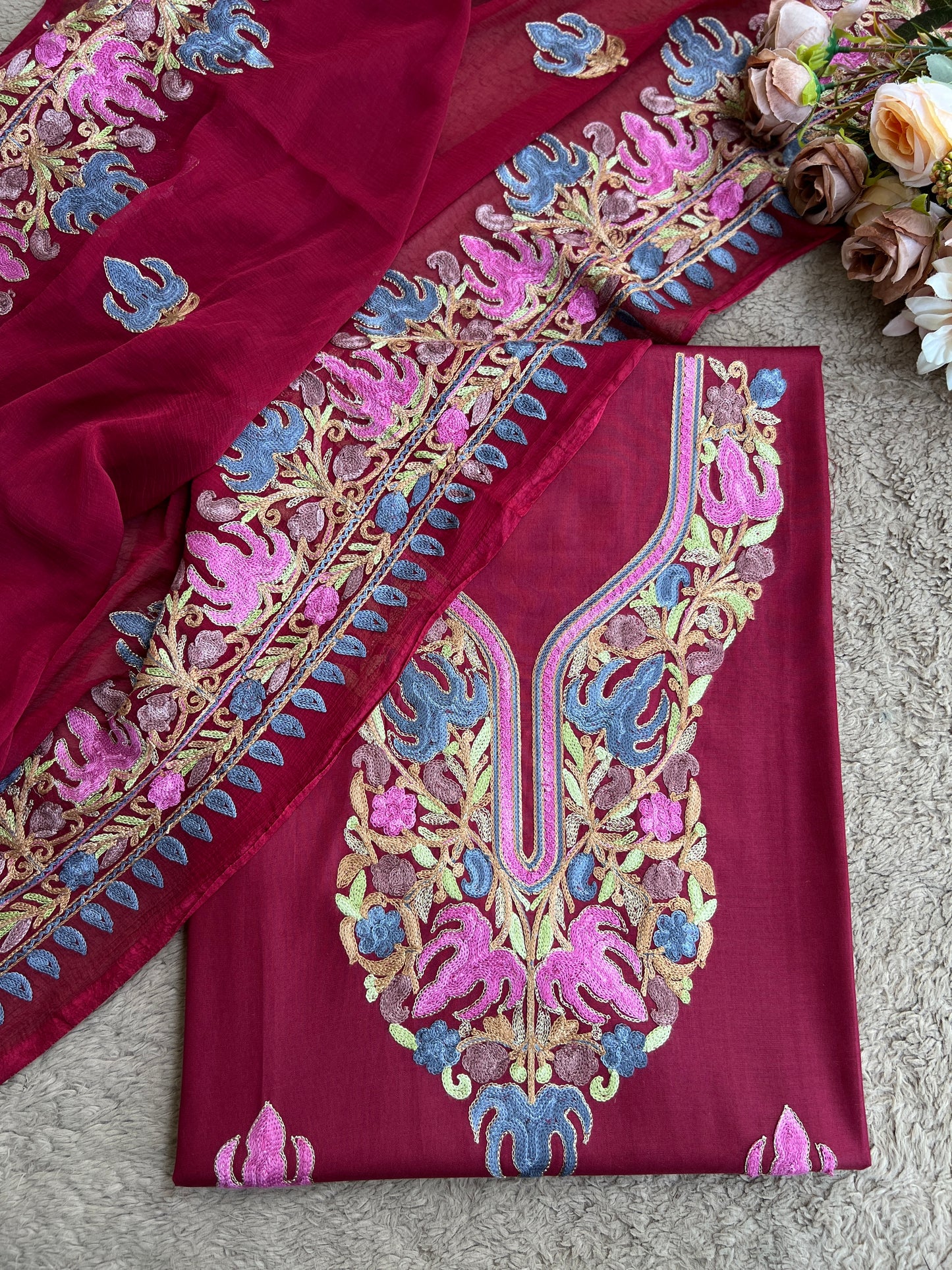 Wine Berry All-Season Kashmiri Embroidered Modal Cotton Suit SetPp