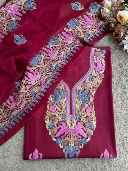 Wine Berry All-Season Kashmiri Embroidered Modal Cotton Suit SetPp