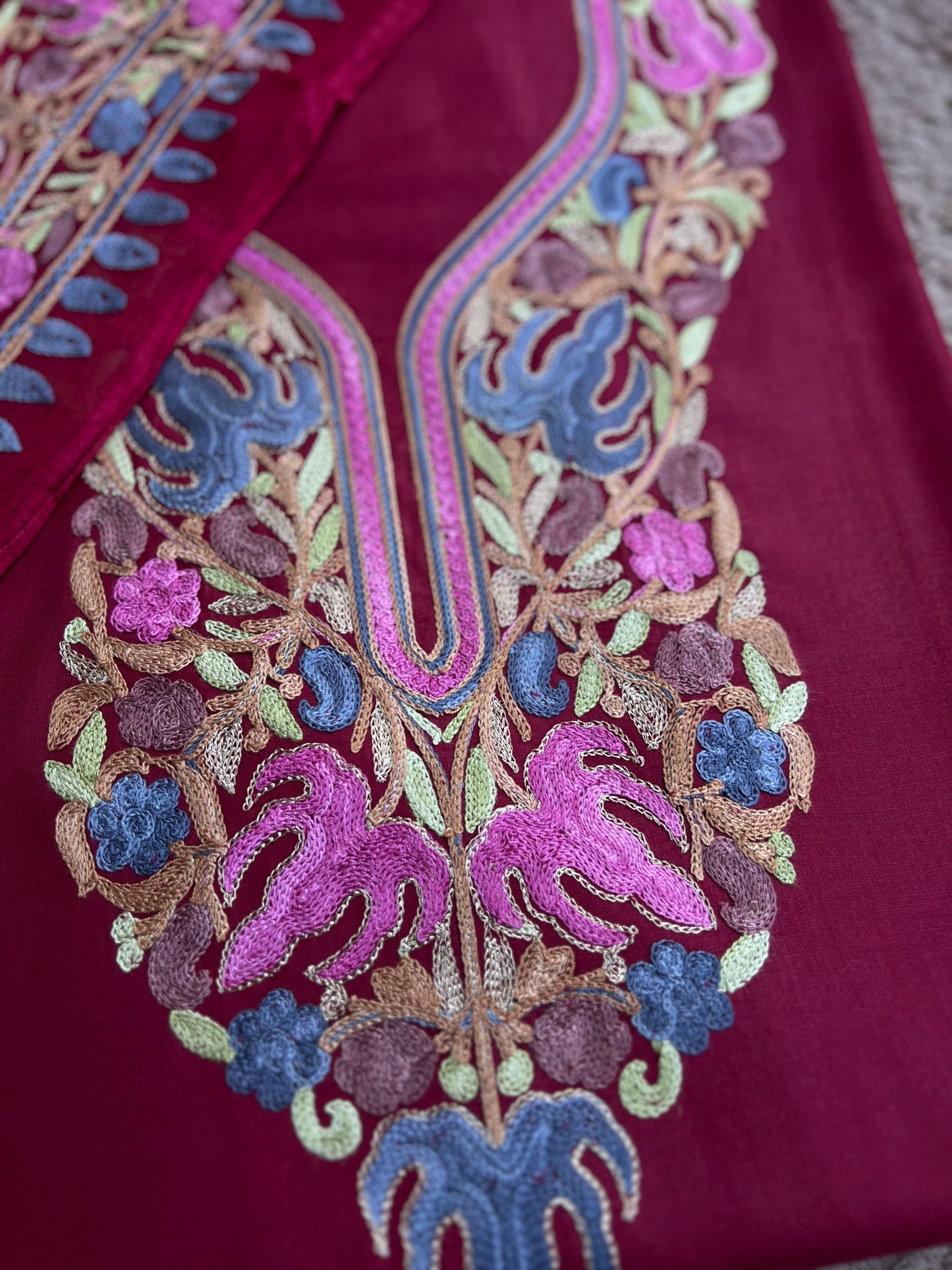 Wine Berry All-Season Kashmiri Embroidered Modal Cotton Suit SetPp