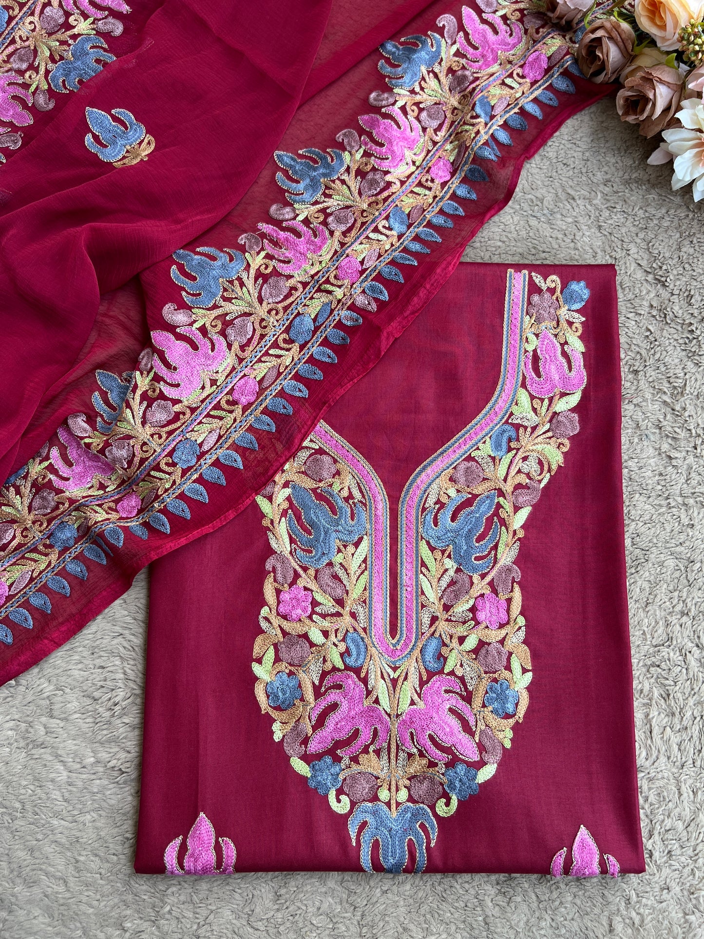 Wine Berry All-Season Kashmiri Embroidered Modal Cotton Suit SetPp